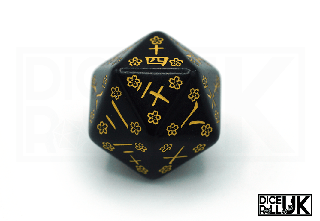 Black and Yellow Japanese Dice Set With Kanji Numbering - Deep Night Firefly Japanese Dice Set - D20 Closeup