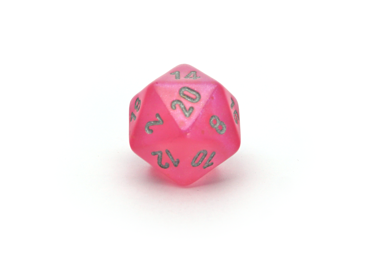 Chessex Borealis | Pink dice with silver ink that glow in the dark d20 close up