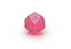 Chessex Borealis | Pink dice with silver ink that glow in the dark d20 close up