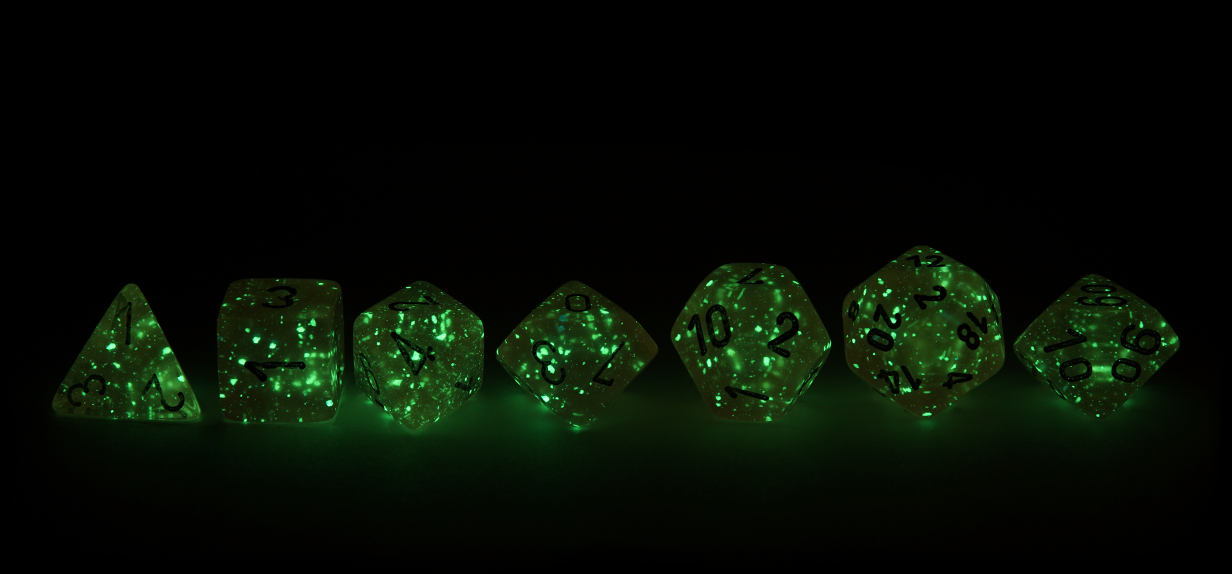 Chessex Borealis | Pink dice with silver ink that glow in the dark line up glowing in the dark