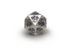 Chrome Dragon Dice polished metal dice with dragon engravings and blue ink d20 close up