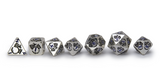 Chrome Dragon Dice polished metal dice with dragon engravings and blue ink a full line up