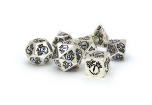 Chrome Dragon Dice polished metal dice with dragon engravings and blue ink