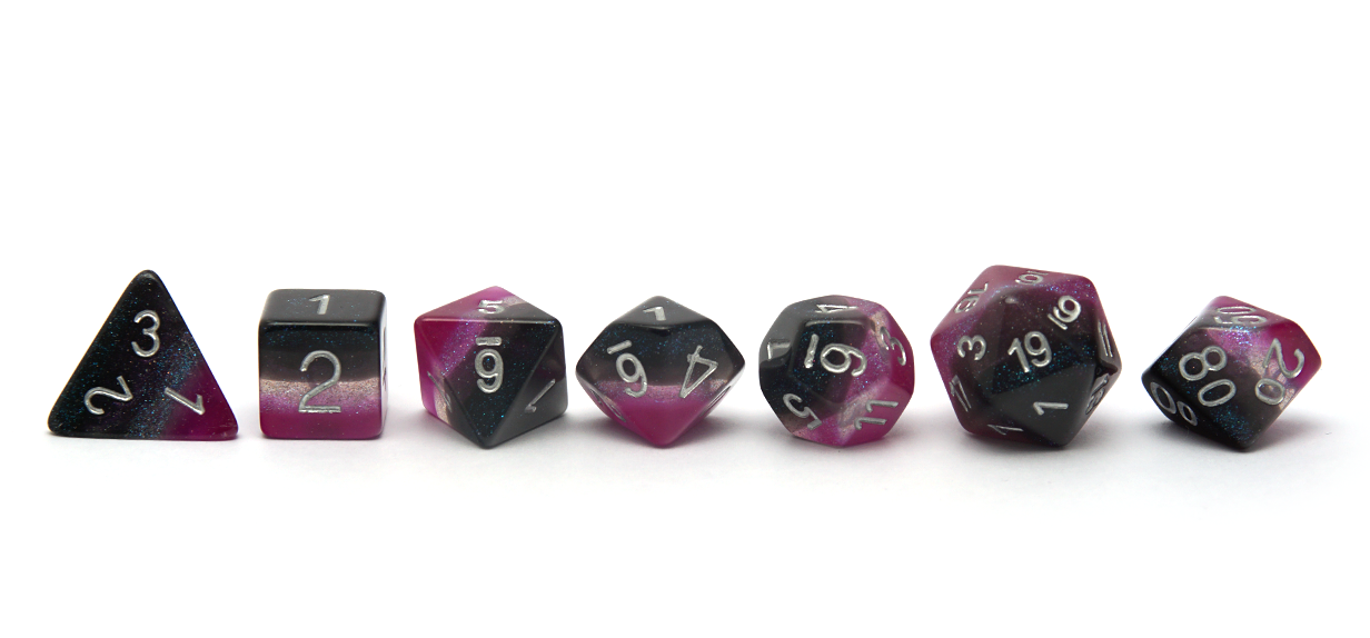 Pride Dice - Asexual flag polyset purple grey silver black full line up