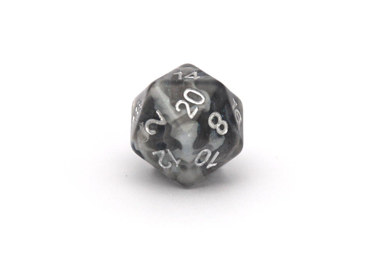 Snowstorm Dice - black and grey translucent cloudy d20 with silver numbers