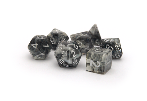 Snowstorm Dice - black and grey translucent cloudy dice with silver numbers