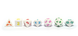 Toybox Dice white dice with different multi coloured numbers full line up