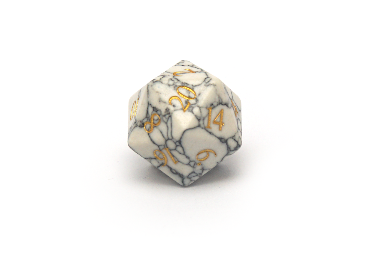 White Turquoise gem stone polished d20 dice with gold ink